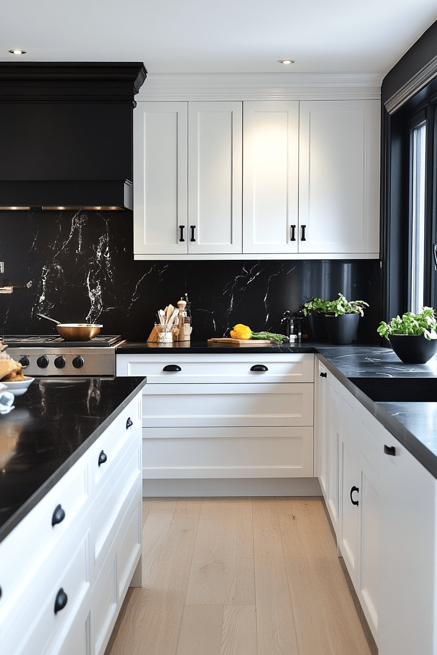 white cabinets black countertops