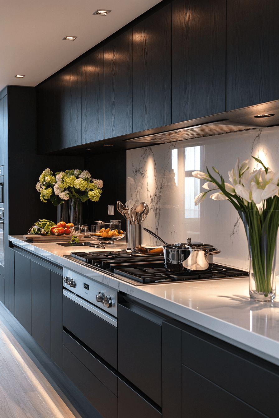 black cabinets white countertops