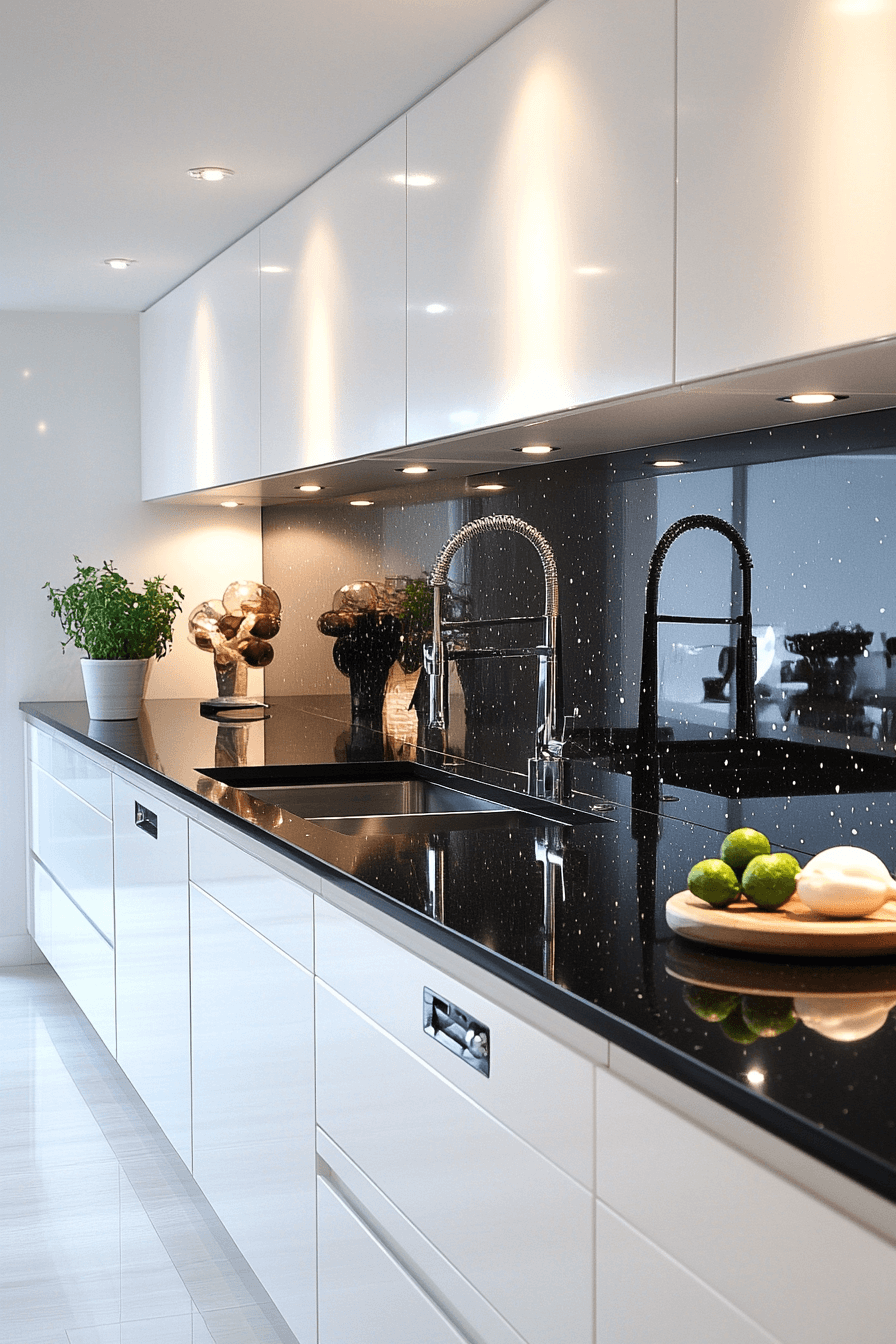 white cabinets black countertops