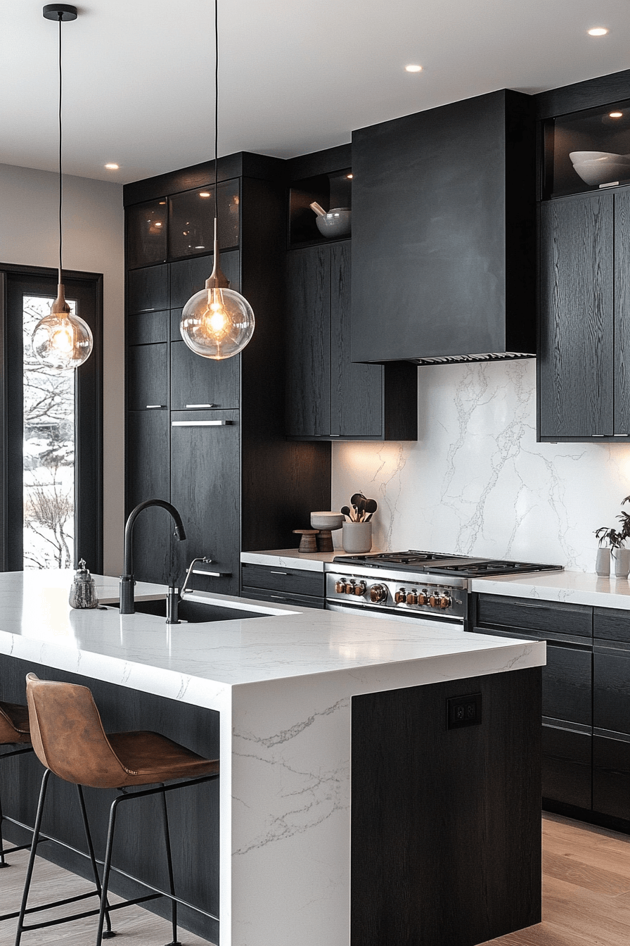 black cabinets white countertops