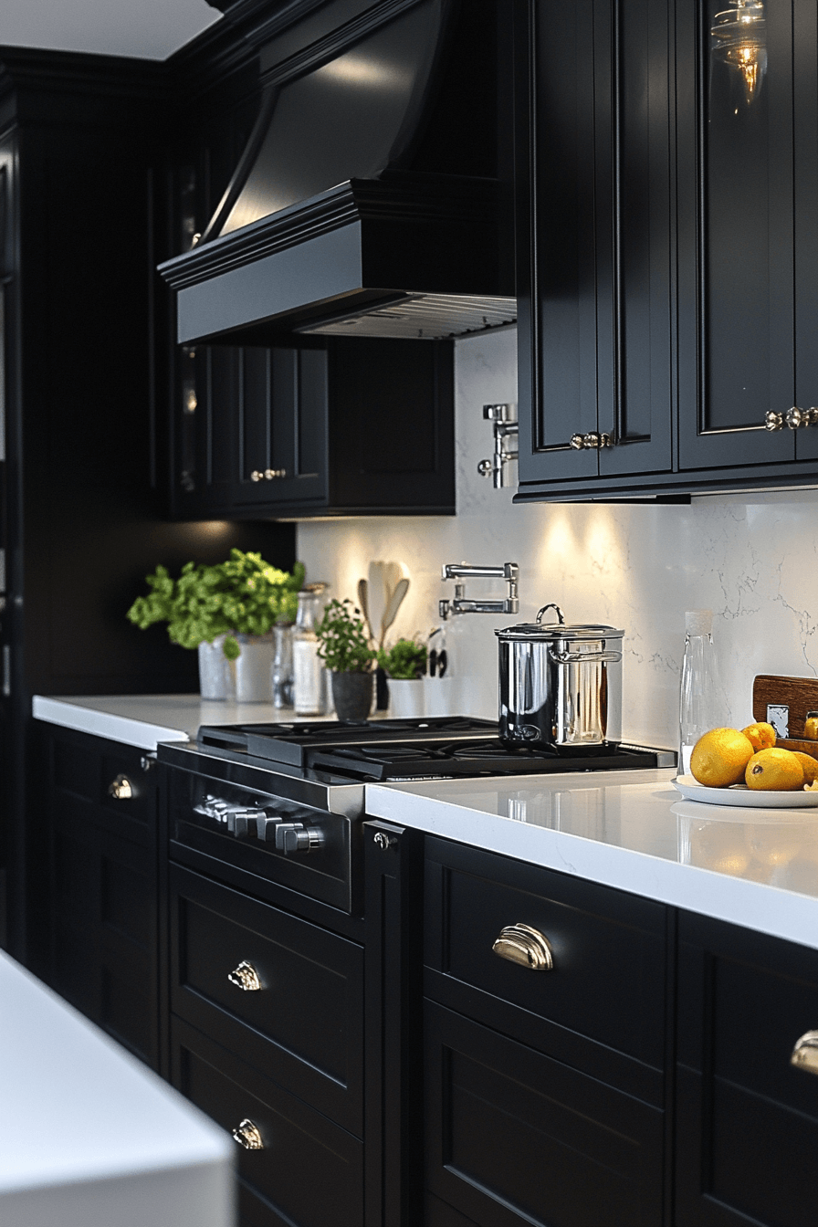 black cabinets white countertops