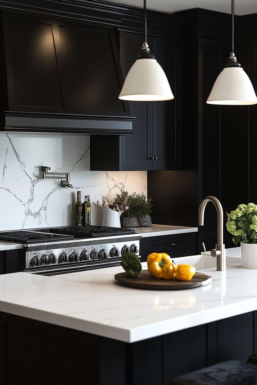 black cabinets white countertops