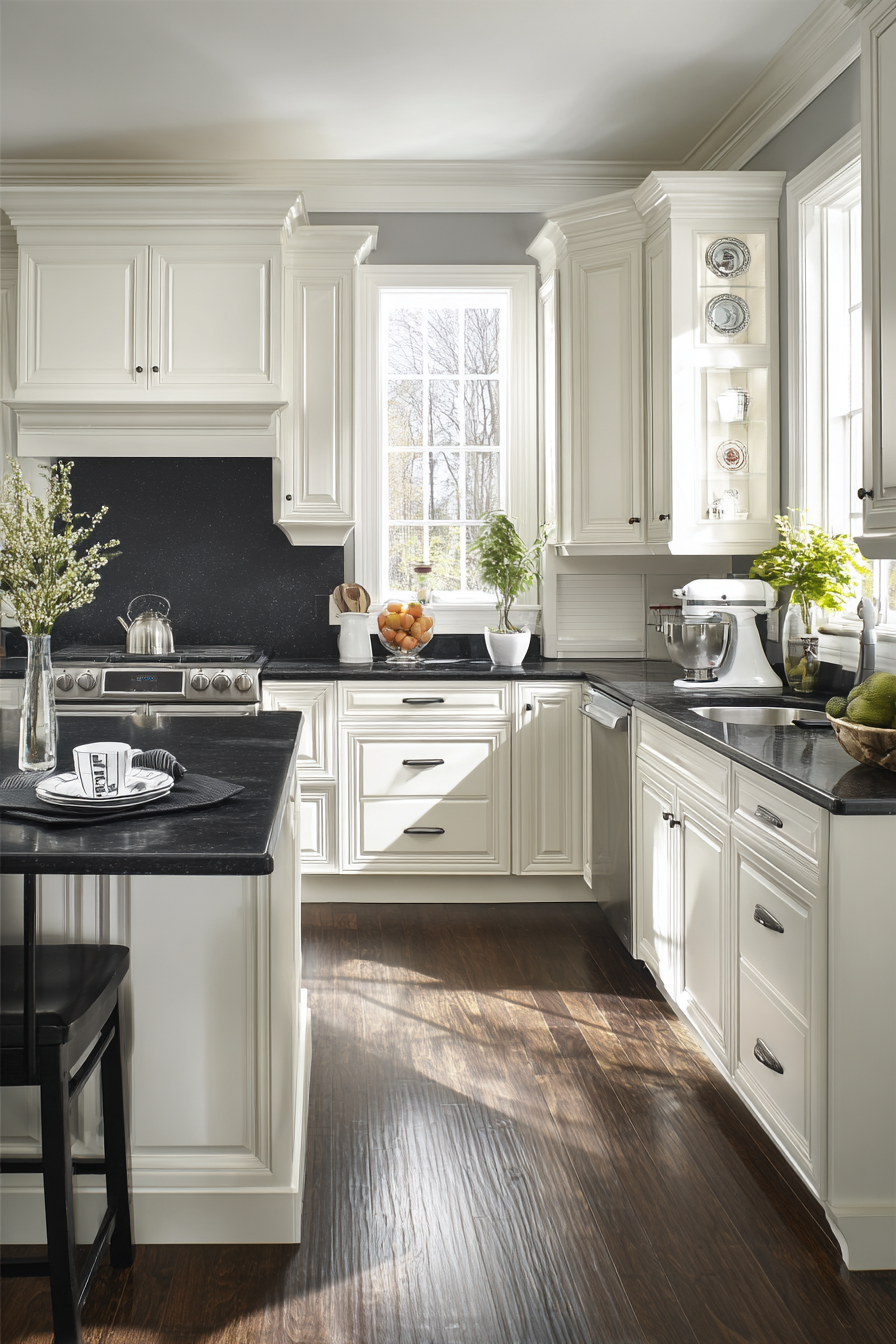 white cabinets black countertops