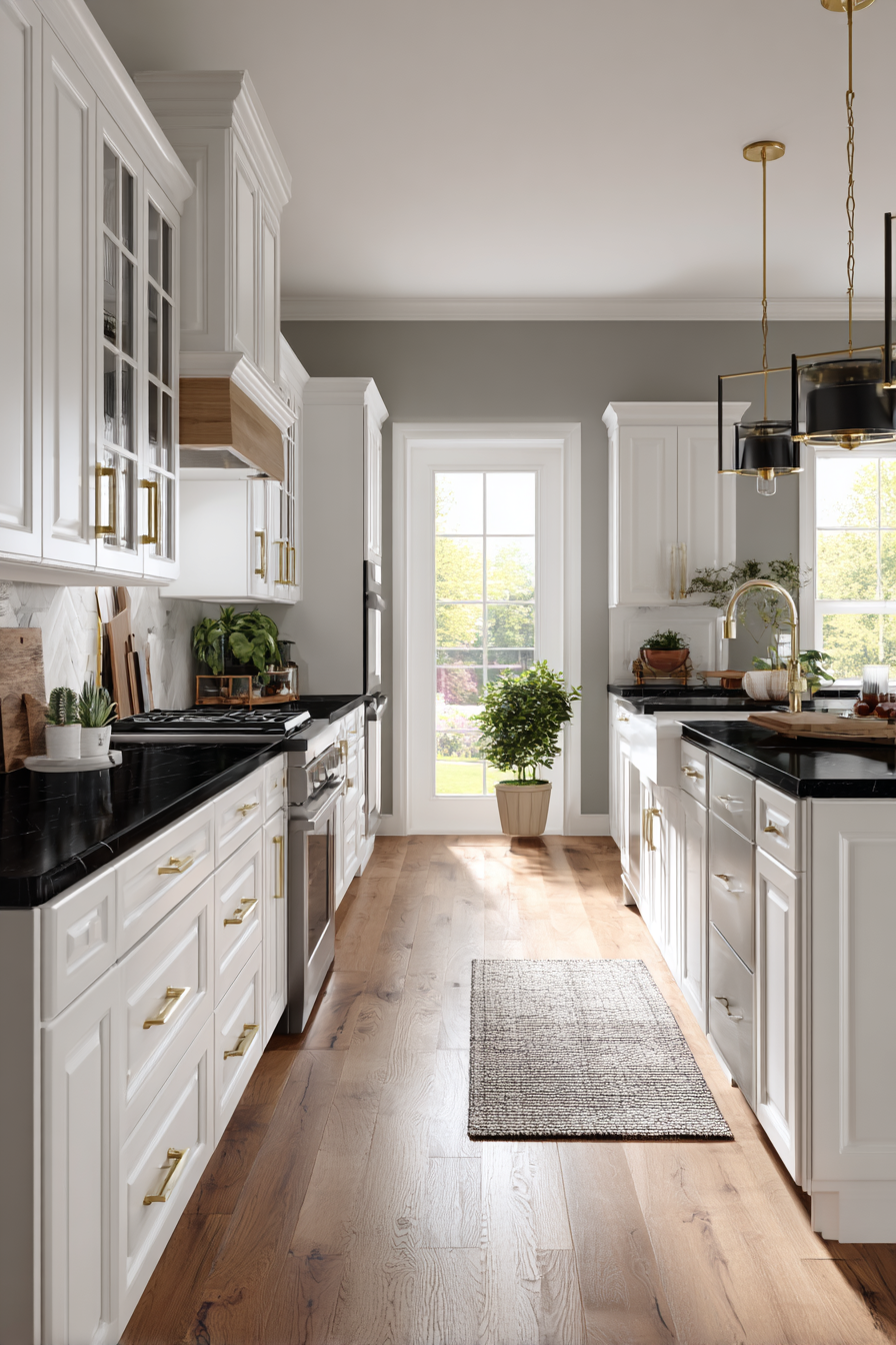 white cabinets black countertops
