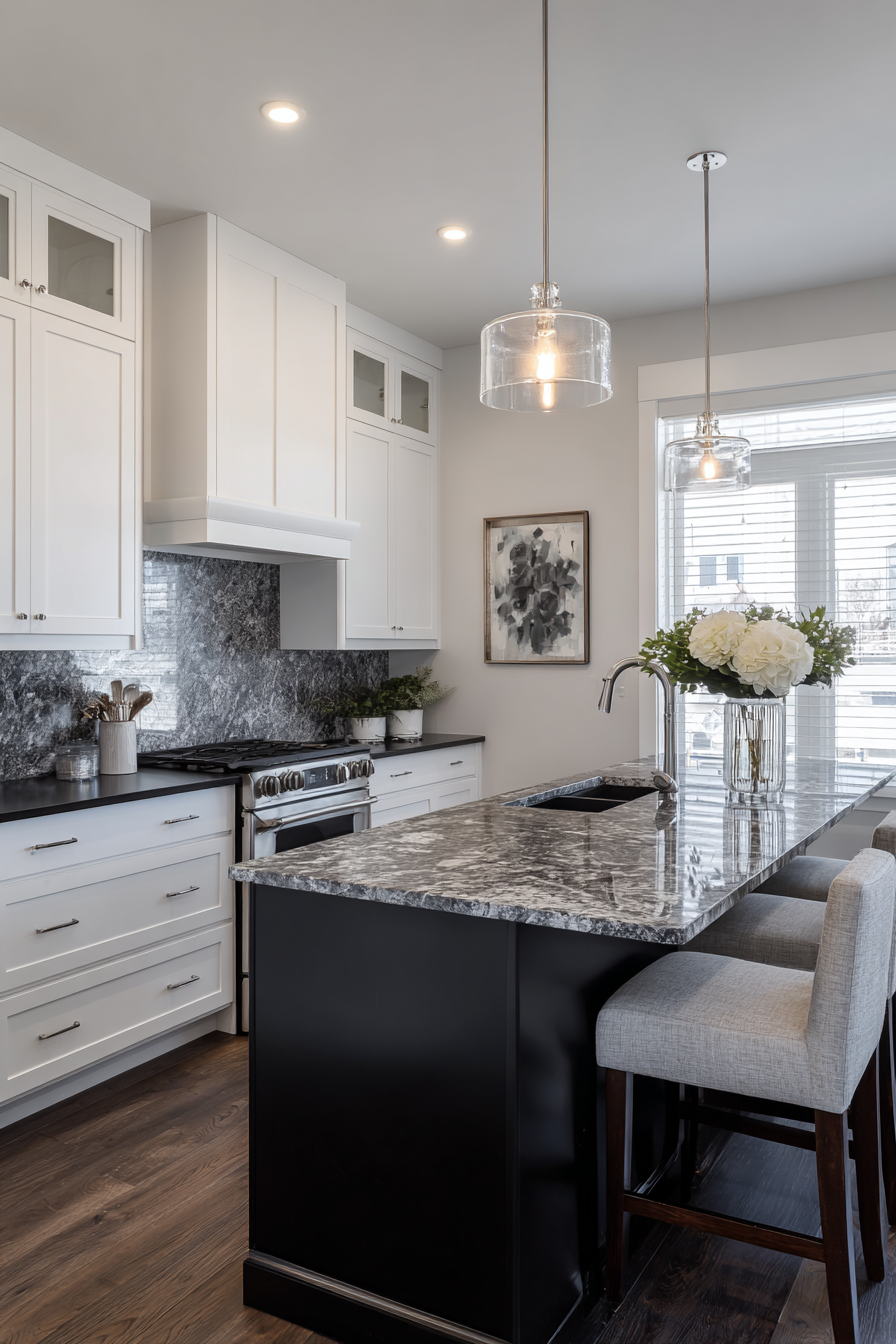 white cabinets black countertops