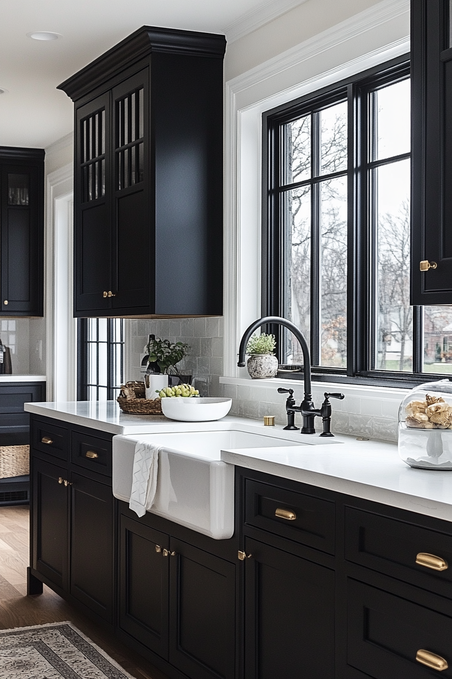 black cabinets white countertops