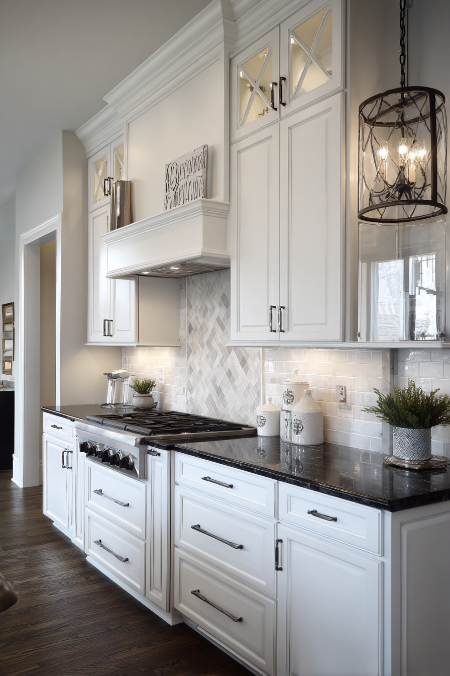 white cabinets black countertops