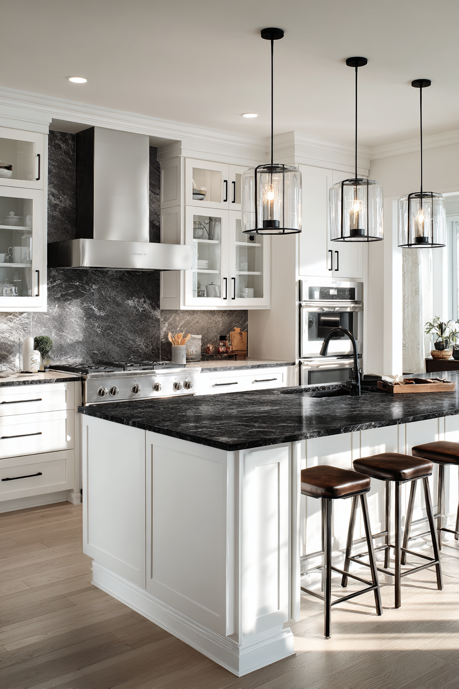 white cabinets black countertops
