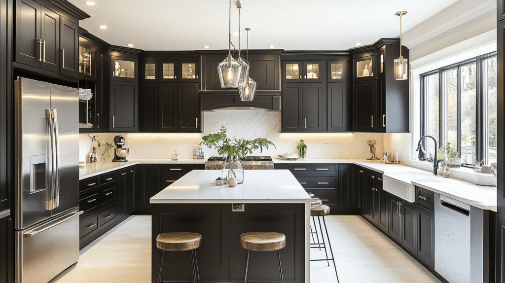 black cabinets white countertops
