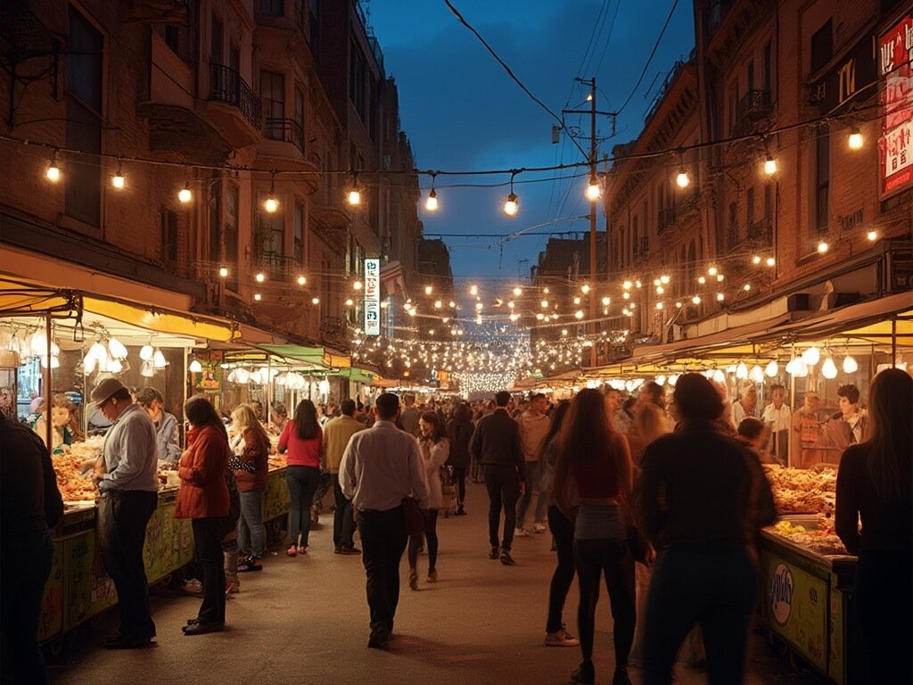 Bustling food stalls and crowds enjoying street food at the vibrant 559 Night Market with Full Circle Brewing Co. glowing warmly in the background