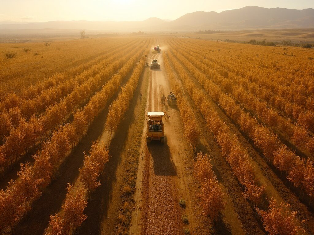 Aerial view of harvesters and tractors in golden almond orchards under autumn sunlight, in Central Valley.