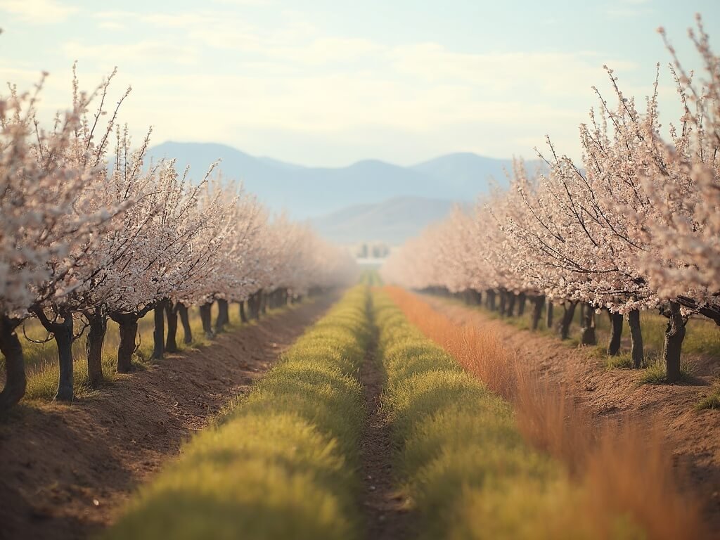 Blooming almond orchards with rows of white and pink blossoms in early morning light, dew on petals, distant mountains in Central Valley agricultural landscape