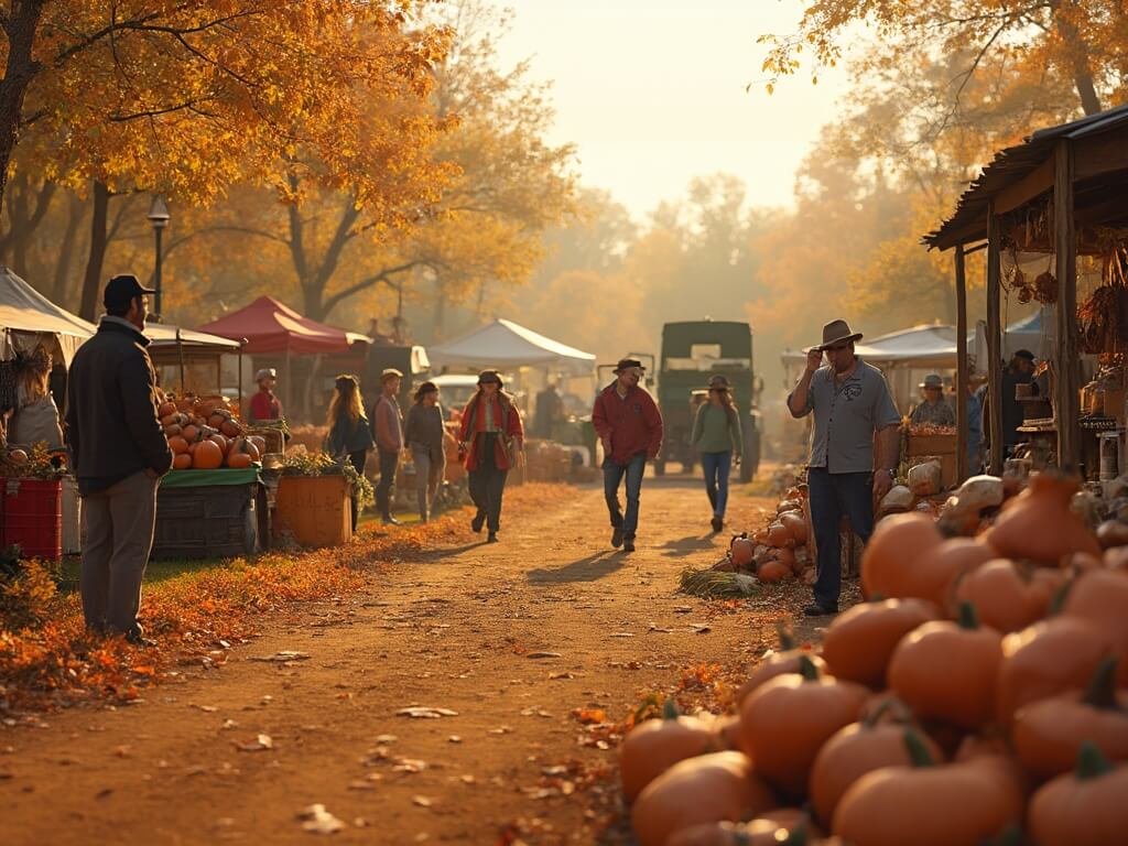 Locals enjoying a vibrant outdoor harvest festival at a farm with pumpkins, harvest displays, casual autumn attire, farm equipment in the background, and the warm afternoon sunlight casting a golden glow.