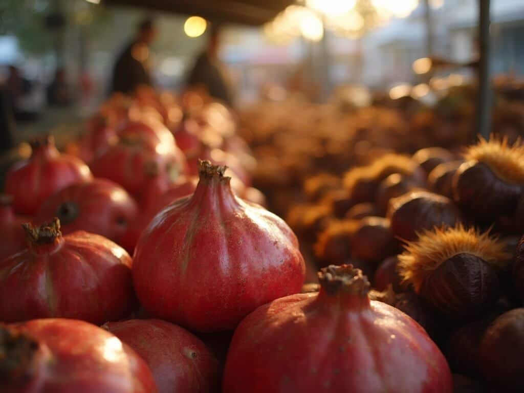 Close-up view of fresh pomegranates and roasted chestnuts at a rustic farmers market bathed in soft morning light, evoking a late autumn ambience