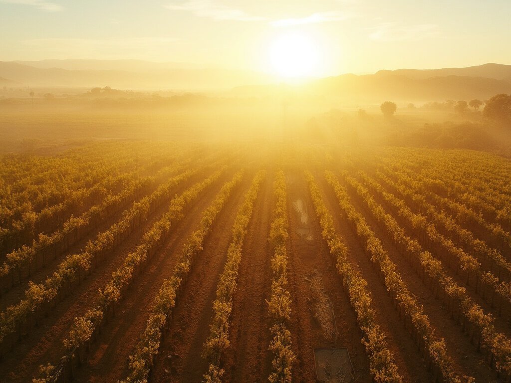The Ultimate Survival Guide to Bakersfield's Scorching July: What Nobody Tells You Sun-drenched agricultural fields in Bakersfield featuring rows of almond trees and grape vines with detailed irrigation systems under midday sunlight