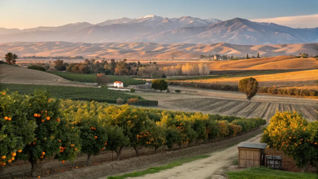 Bakersfield in November: Your Ultimate Guide to Central Valley's Hidden Autumn Gem "Autumn landscape of Bakersfield's Central Valley with Sierra Nevada mountains, citrus orchards, farmers market stand, Buck Owens Crystal Palace, and California Living Museum trails during a warm golden hour."
