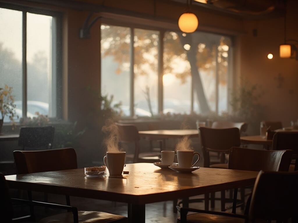 Warmly lit café interior in Bakersfield, with vacant chairs near rain-spattered windows, steaming coffee cups on wooden tables, depicting a cozy communal gathering area during winter season