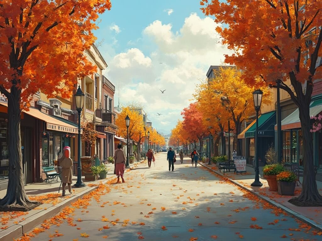 Downtown Bakersfield street scene in October with local architecture, pedestrians, and autumn leaves on sidewalks highlighting the city's urban-rural mix