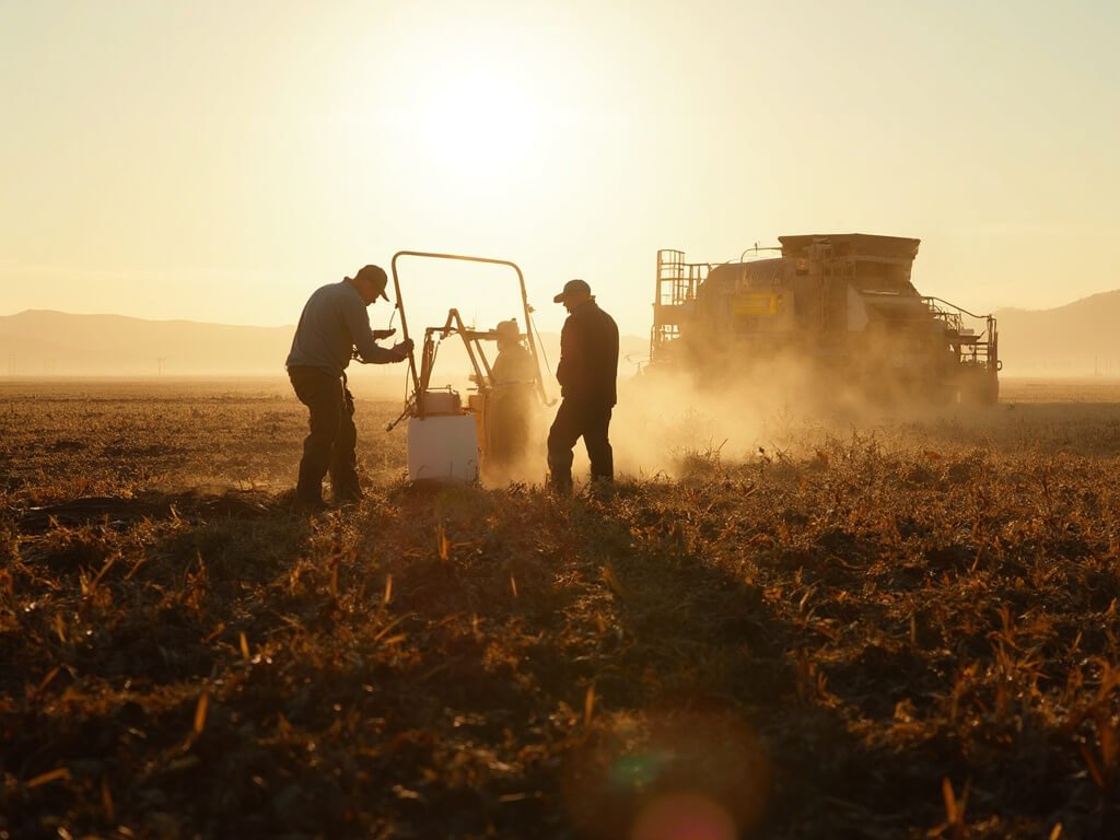 Bakersfield in January: Your Ultimate Winter Survival Guide (No Snow Required!) Agricultural workers in Bakersfield preparing crop protection measures in a large farm field with modern equipment, under soft winter light casting long shadows.