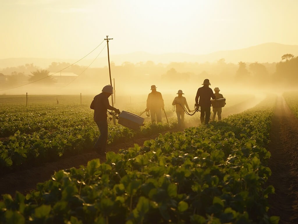 Farm workers in Bakersfield laboring in early morning among extensive crop rows, symbolizing agricultural productivity and economic resilience.