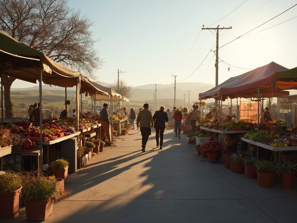 Bakersfield in January: Your Ultimate Winter Survival Guide (No Snow Required!) Bustling local farmers market in Bakersfield on a crisp January morning with vendors setting up stalls, morning light casting long shadows, and distant winter agricultural fields