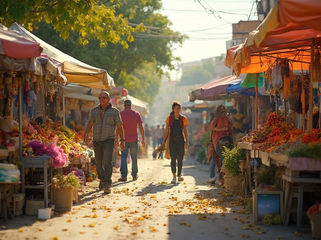 Why Bakersfield in May is Your Ultimate Spring Adventure Destination Bustling Bakersfield farmers market with colorful produce stands, handmade products, bathed in warm May sunlight reflecting community's economic and cultural energy