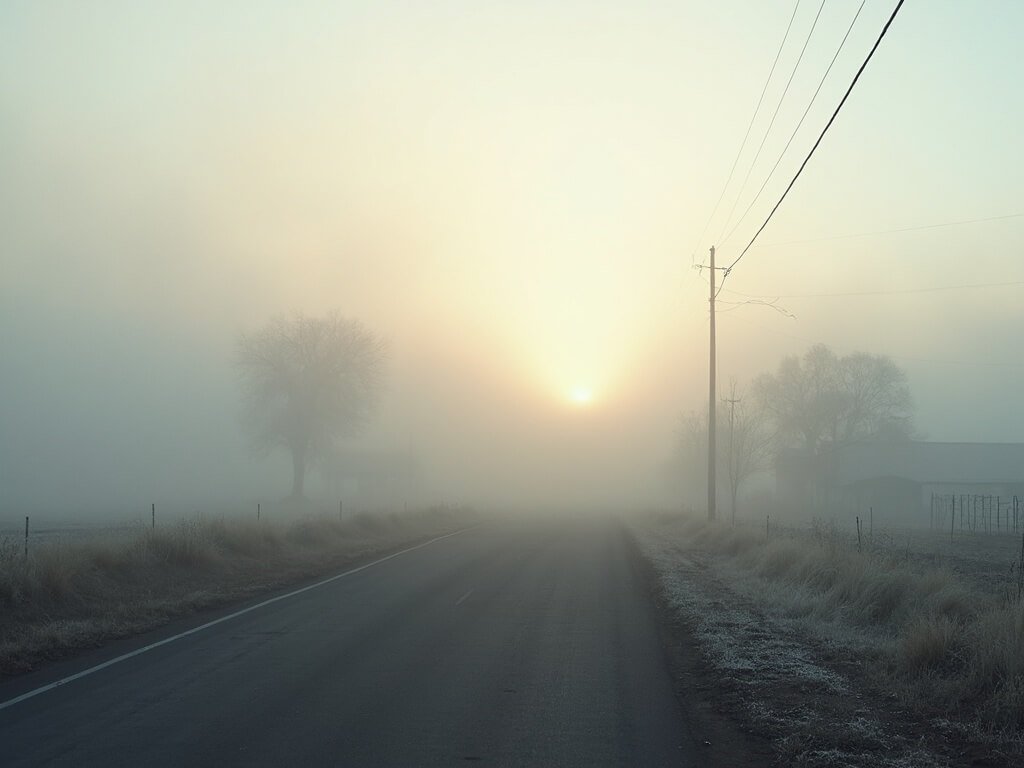 Bakersfield in December: A Hidden Winter Wonderland You Never Knew Existed Cold December morning in Bakersfield showing a foggy rural road, frost-touched grass, and soft silhouettes of trees and farm structures illuminated by the early morning light