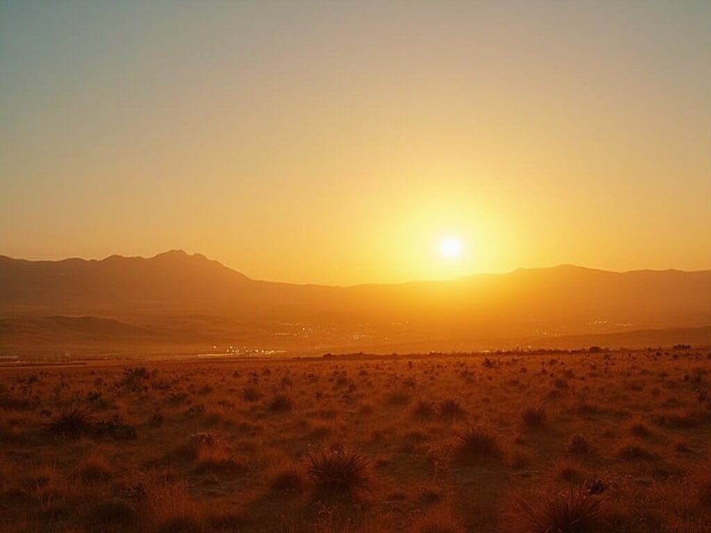 Late afternoon in Bakersfield with warm, golden sunlight illuminating expansive, arid agricultural fields against the backdrop of distant mountains under a clear September sky