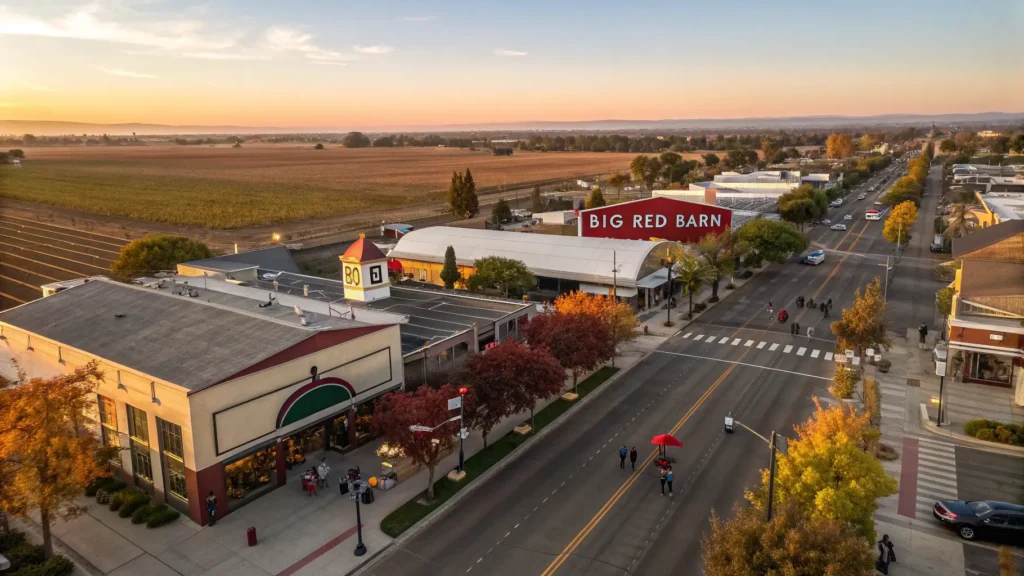 "Aerial view of Bakersfield's downtown district illuminated by a golden October sunset, revealing Halloween decorations, tree-lined streets with autumn foliage, the Big Red Barn, and expansive almond orchards and grape vineyards stretching into the distance under a clear blue sky, showcasing Central California's agricultural belt during harvest season."