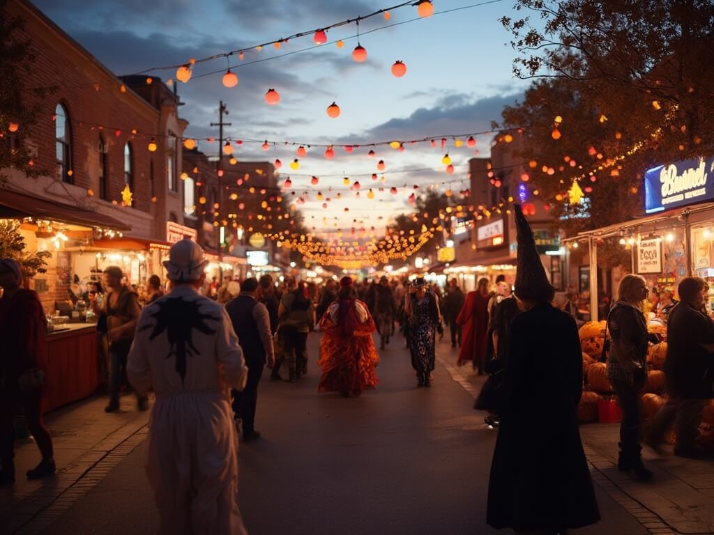 Halloween street festival in downtown Bakersfield with people in elaborate costumes, food vendors, live music stage under string lights with warm evening lighting.