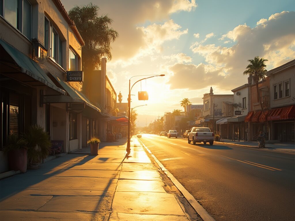 The Ultimate Survival Guide to Bakersfield's Scorching July: What Nobody Tells You Intense midday sunlight reflecting off empty streets and buildings in downtown Bakersfield during July, with heat waves visibly distorting the air, creating a deserted and oppressively hot scene.