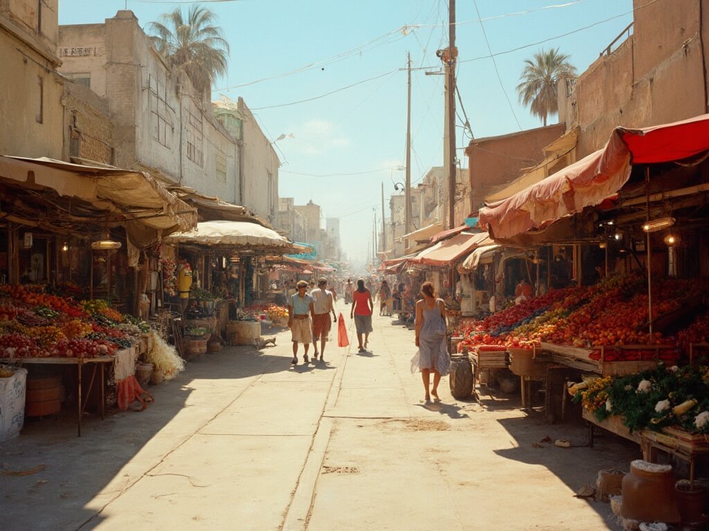 Bustling summer outdoor market in Bakersfield with vibrant produce stands, shoppers in summer clothes, and sharp shadows from bright sunlight