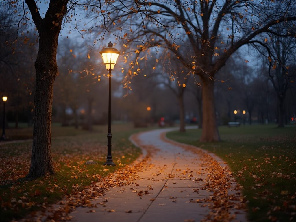 Bakersfield in November: Your Ultimate Guide to Central Valley's Hidden Autumn Gem Autumn evening at a Bakersfield park pathway, illuminated by soft street lamps with fallen leaves scattered, bare trees, and a cool temperature aura.