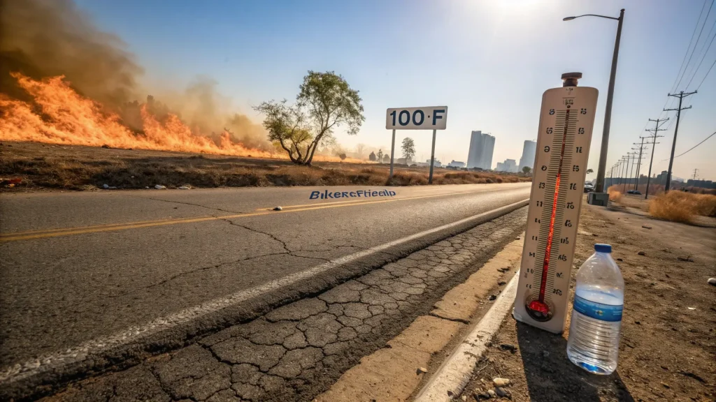 The Ultimate Survival Guide to Bakersfield's Scorching July: What Nobody Tells You "Blazing Bakersfield street at high noon in July, 100°F thermometer, intense shadows, dry landscape, water bottle in focus, Bakersfield's skyline in extreme heat haze, under a clear blue sky"