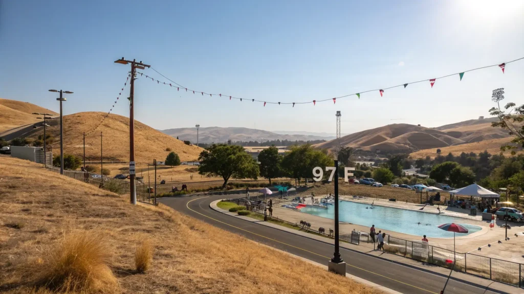 "Downtown Bakersfield, California under intense summer heat, featuring swimming pool, melting ice cream, dried grass hills, temperature reading of 97°F, Father's Day decorations and festival banners amidst a golden hour glow."