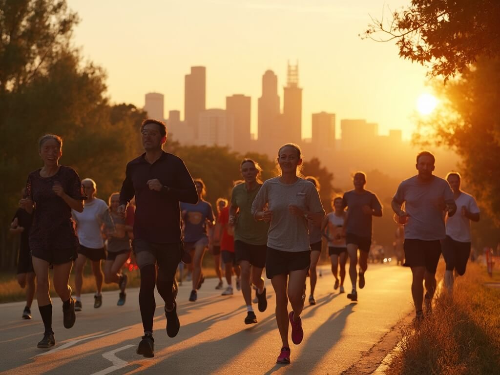 Diverse runners participating in a sunrise charity marathon in a local Bakersfield park on a crisp October morning, with city skyline and trees with early autumn color in the background, signifying community spirit and collective fitness.
