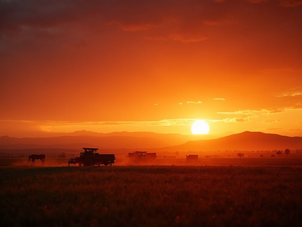 The Ultimate Survival Guide to Bakersfield's Scorching July: What Nobody Tells You Dramatic sunset over Bakersfield with silhouetted farming equipment, golden-brown fields, distant mountains, vibrant orange and red sky, and visible dust particles in the air