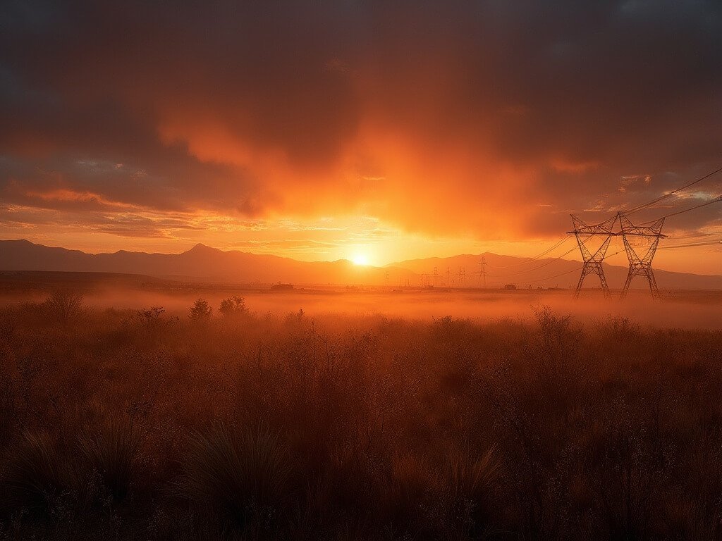 Dramatic sunset over Bakersfield landscape showing dried golden grasslands, silhouetted power lines, and distant mountains as daytime heat softens