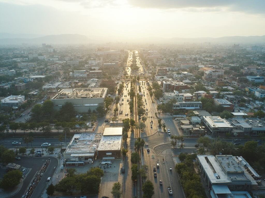 Elevated view of Bakersfield cityscape showcasing strategic cooling infrastructure, public transit, and shaded areas, illustrating urban heat management techniques on a slightly overcast morning