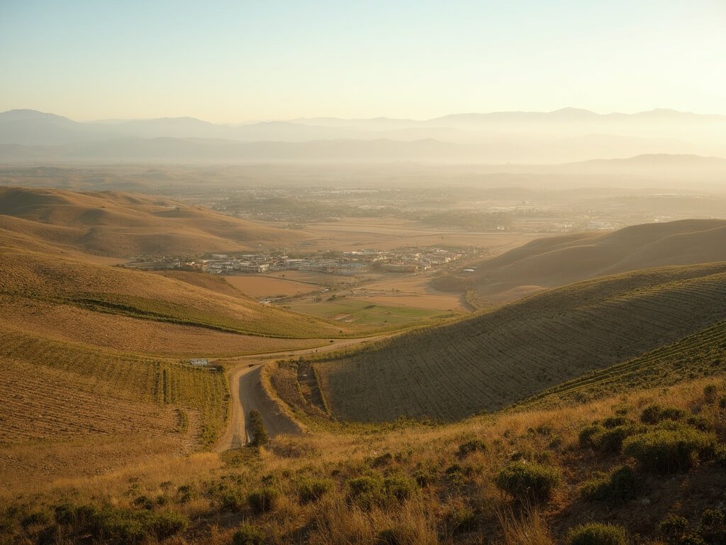 Early February view of Bakersfield's Central Valley, featuring rolling agricultural fields, pre-bloom almond orchards, distant mountains, and a mix of golden and green terrain under soft morning light