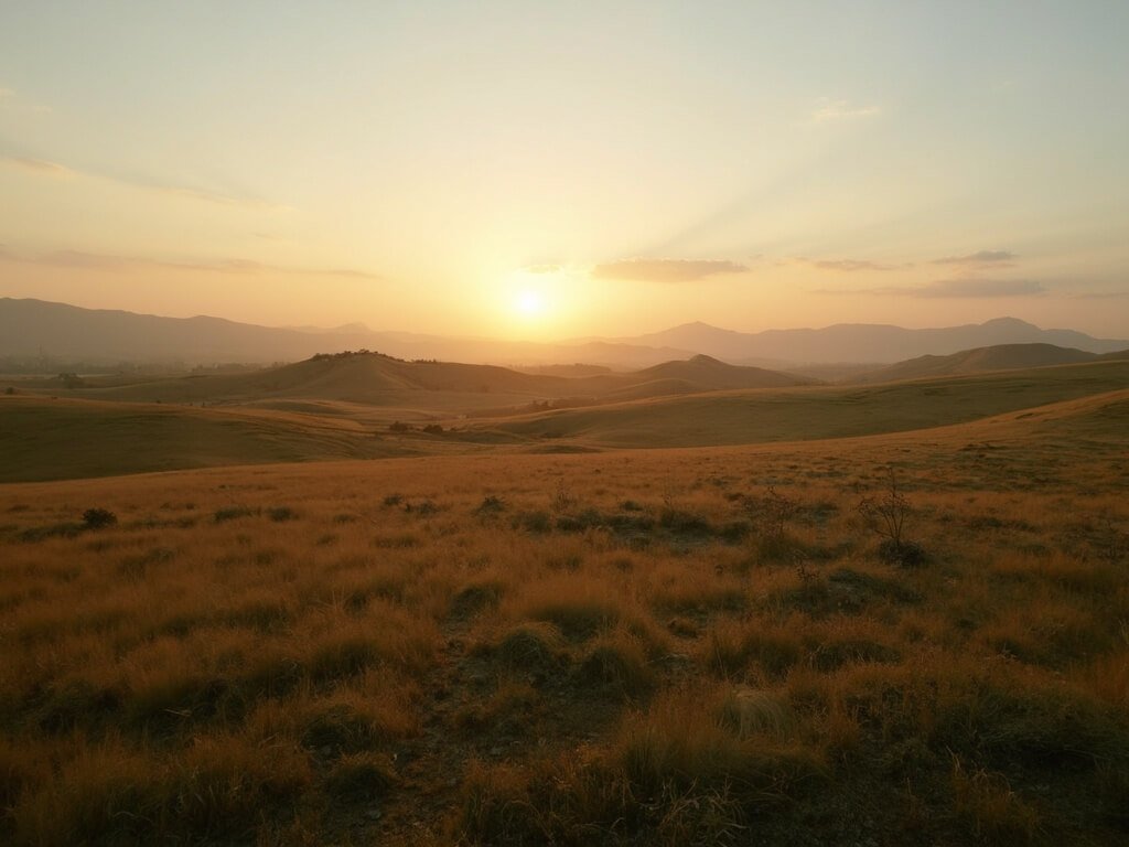 Bakersfield in November: Your Ultimate Guide to Central Valley's Hidden Autumn Gem Bakersfield's agricultural valley at golden hour in November showing the transition between autumn and winter with muted green and golden brown fields, distant rolling hills, no human presence.