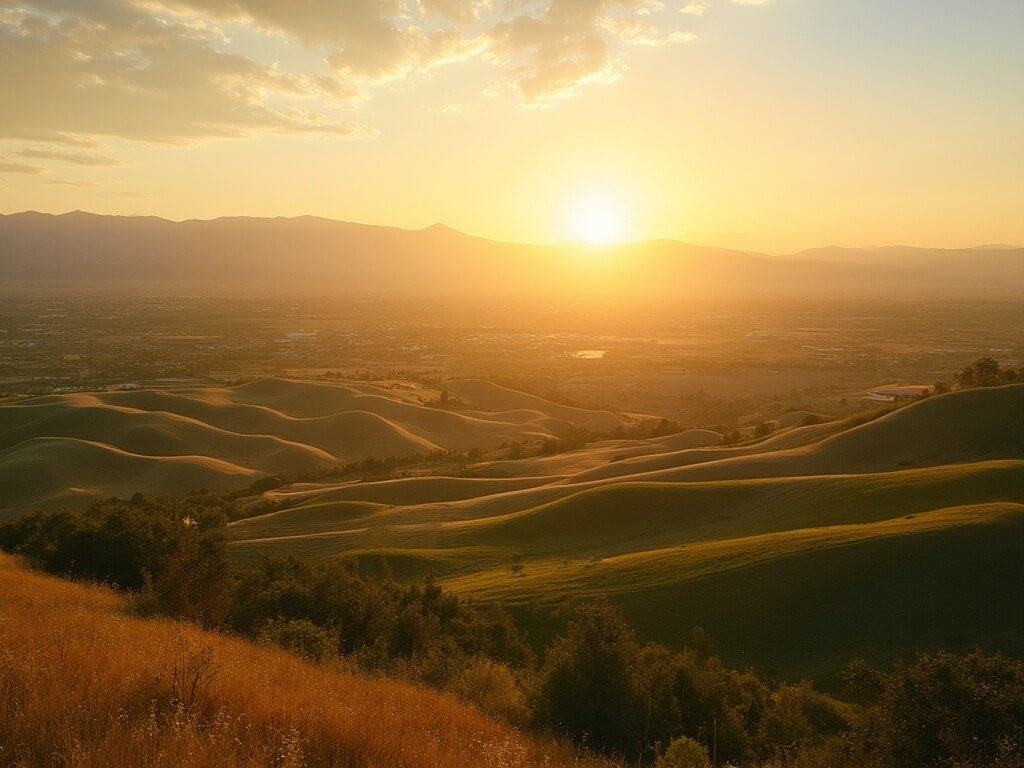 Why Bakersfield in May is Your Ultimate Spring Adventure Destination Bakersfield's Central Valley at golden hour showcasing transition from spring to summer with vibrant green and golden brown earth tones, rolling agricultural terrain and distant mountains