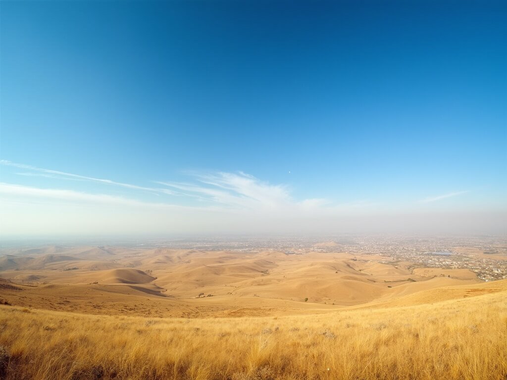 Panoramic view of the golden-brown Central Valley terrain with distant Bakersfield city view under a clear blue sky during summer
