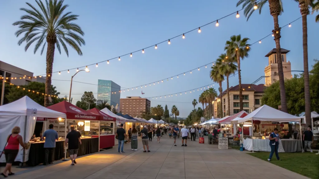 "Crowds enjoying the 29th VillageFest in Bakersfield, California under bright blue skies, featuring craft beer and wine booths, live music stages, food samples, overhead string lights, heat waves rising from hot pavement, with palm trees and downtown buildings as backdrop"