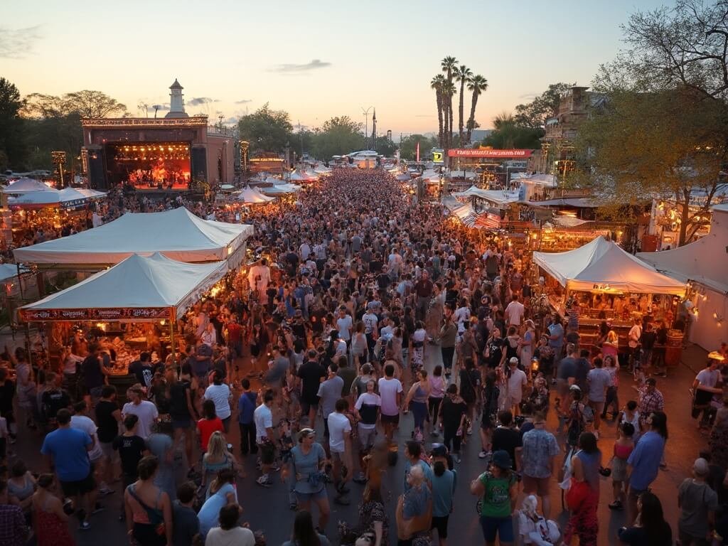 Bustling crowd enjoying craft beer, food, and live music at Bakersfield VillageFest under warm evening lights