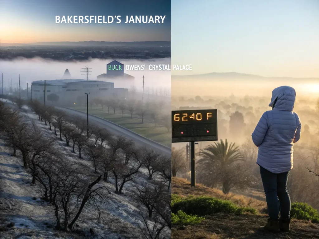 "Individual in light jacket standing in dense morning fog with obscured citrus and almond orchards in Bakersfield's Central Valley, contrasting with the same landscape illuminated by afternoon sunshine revealing blue skies, Buck Owens' Crystal Palace, and green fields with temperature range 40-62°F, capturing California's mild winter atmosphere."