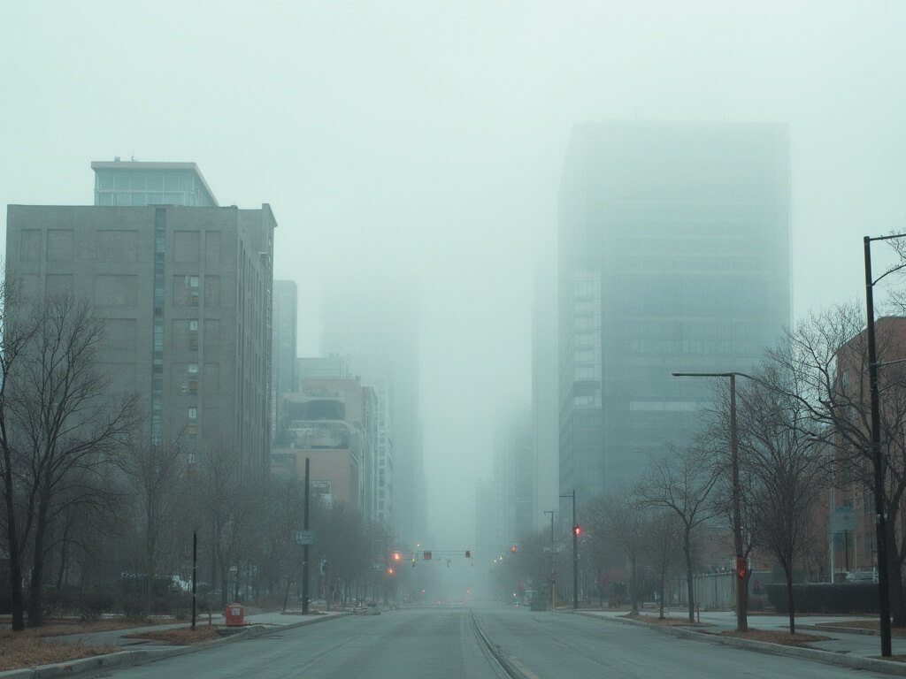 Bakersfield in December: A Hidden Winter Wonderland You Never Knew Existed Misty winter atmosphere surrounding modern buildings at an intersection in Bakersfield's urban landscape, with bare trees and cool color palette representing the changing microclimate