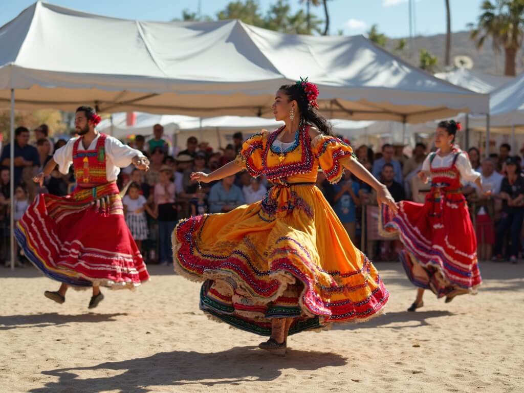 Why Bakersfield in May is Your Ultimate Spring Adventure Destination Traditional Basque dancers in colorful costumes performing dynamic choreography at the Kern County Basque Festival in an outdoor setting