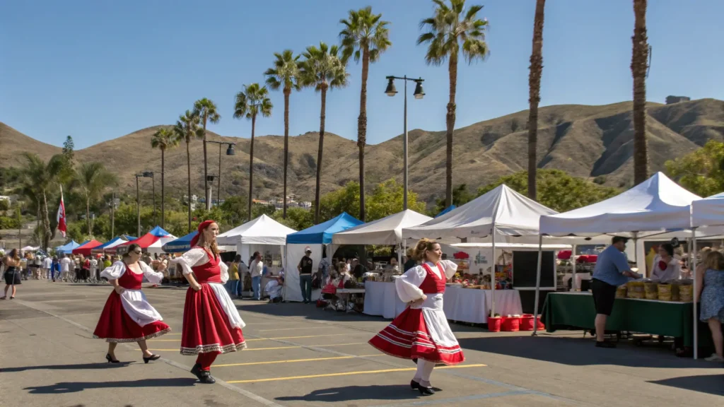 Why Bakersfield in May is Your Ultimate Spring Adventure Destination "Traditional Basque dancers performing in red and white costumes at the vibrant Kern County Basque Festival in Bakersfield, California, with food vendor tents and diverse crowds under a clear blue sky and palm trees, Central Valley hills in the background"