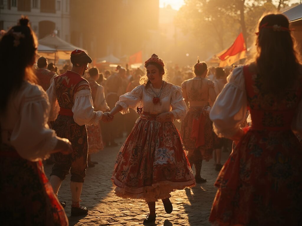 Why Bakersfield in May is Your Ultimate Spring Adventure Destination Traditional Basque dancers in authentic costumes at a community festival, illuminated by soft golden hour lighting